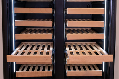 Allavino 100 Bottle Stainless Steel French Doors Dual Zone Wine Refrigerator with Two Refrigerated Drawers