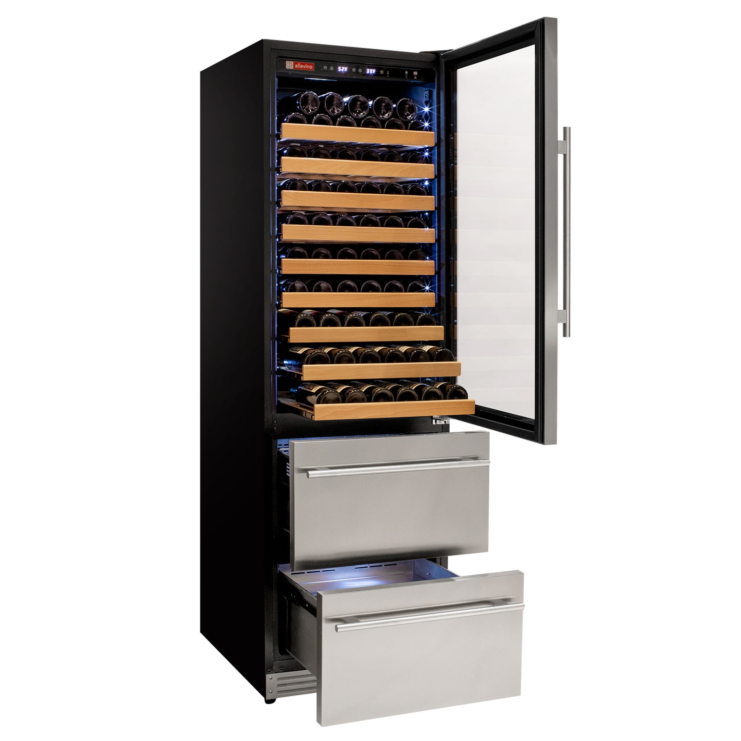 Allavino 108 Bottle Stainless Steel Wine Refrigerator with Two Refrigerated Drawers