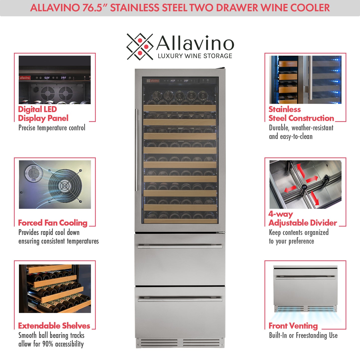 Allavino 108 Bottle Stainless Steel Wine Refrigerator with Two Refrigerated Drawers