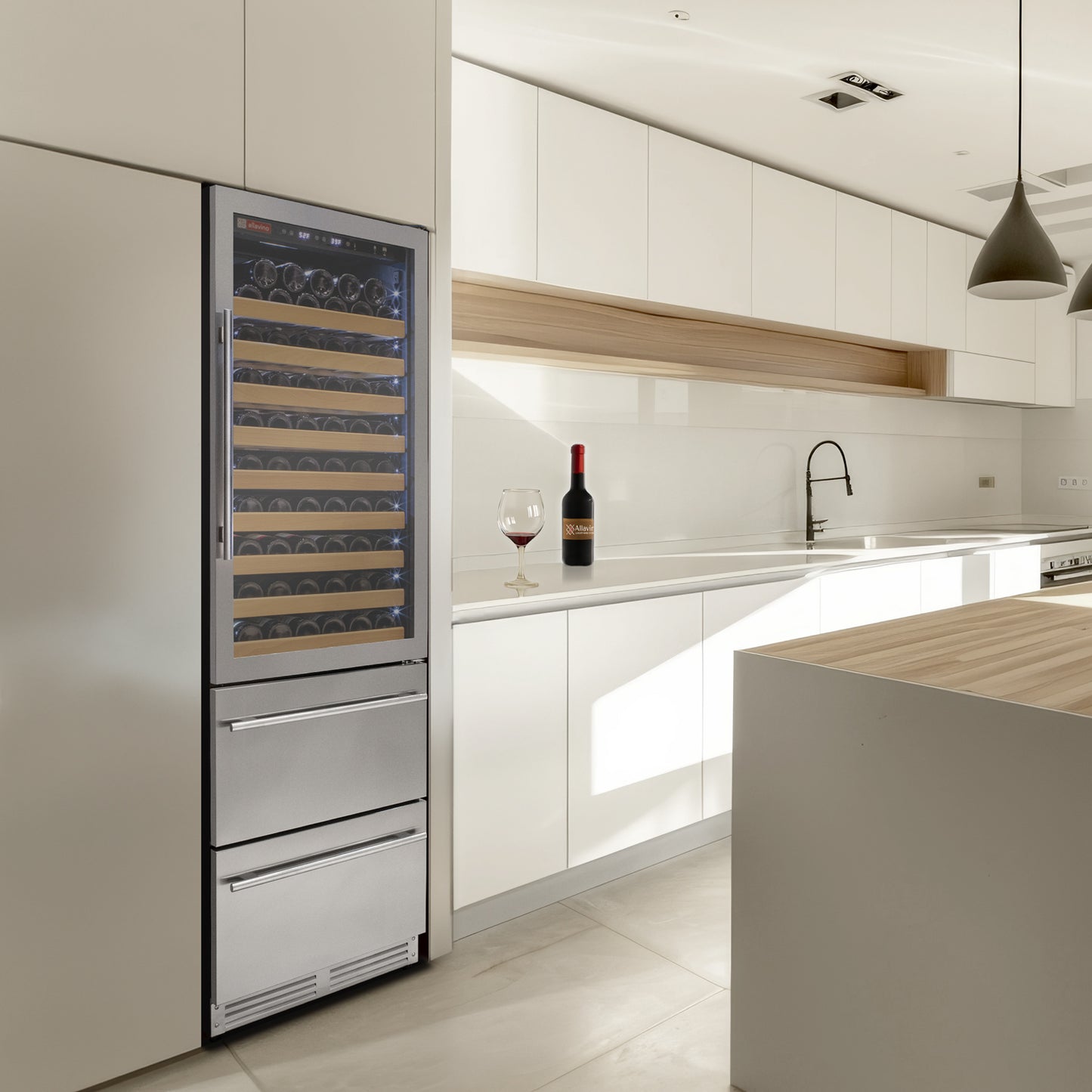 Allavino 108 Bottle Stainless Steel Wine Refrigerator with Two Refrigerated Drawers