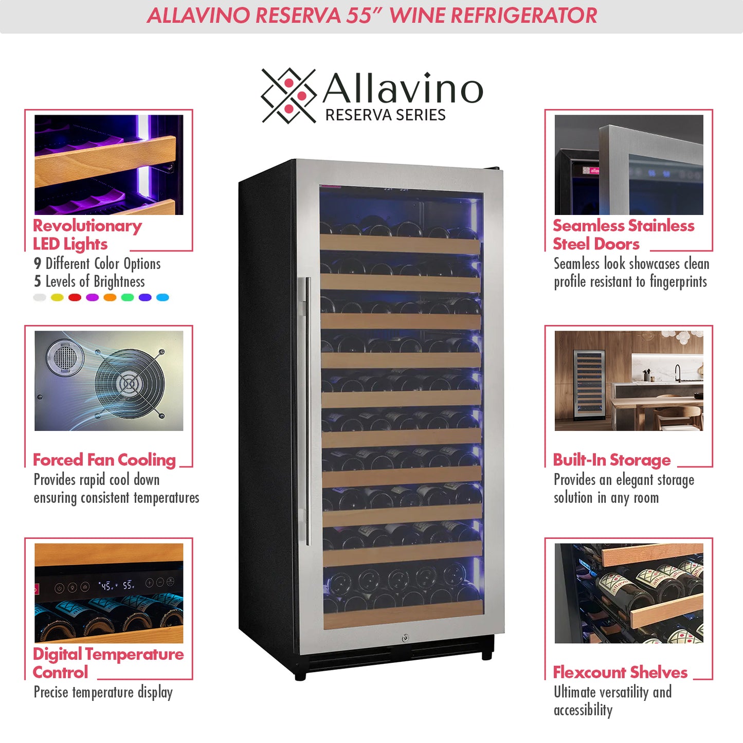 Allvaino 119 Bottle 55-Inch Tall Single Zone Right Hinge Stainless Steel Wine Refrigerator