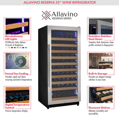 Allvaino 119 Bottle 55-Inch Tall Single Zone Right Hinge Stainless Steel Wine Refrigerator