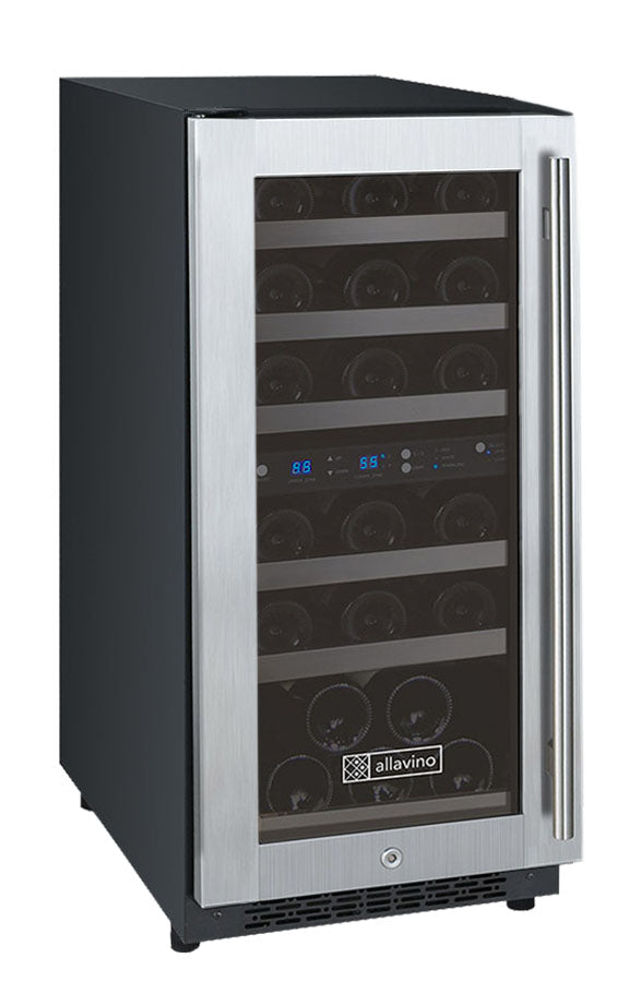Allavino 15-Inch Wide FlexCount II Tru-Vino 30 Bottle Dual Zone Stainless Steel Left Hinge Wine Refrigerator