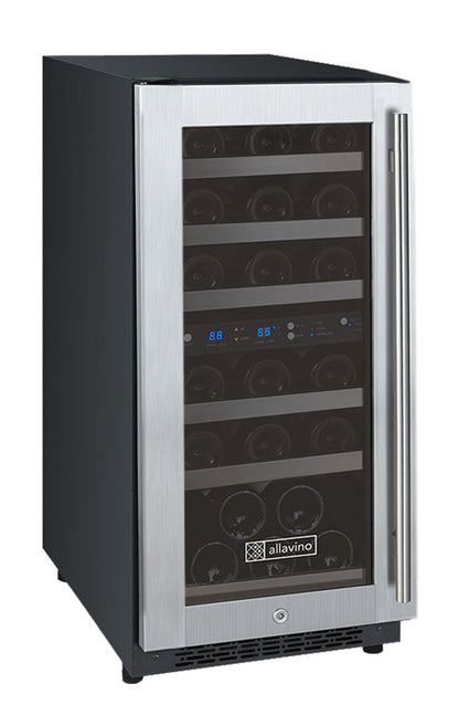 Allavino 15-Inch Wide FlexCount II Tru-Vino 30 Bottle Dual Zone Stainless Steel Left Hinge Wine Refrigerator