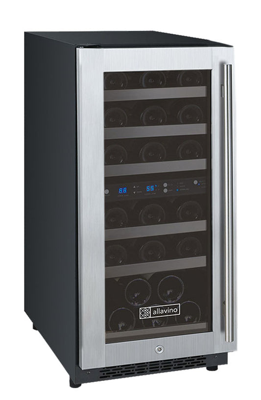 Allavino 15-Inch Wide FlexCount II Tru-Vino 30 Bottle Dual Zone Stainless Steel Left Hinge Wine Refrigerator