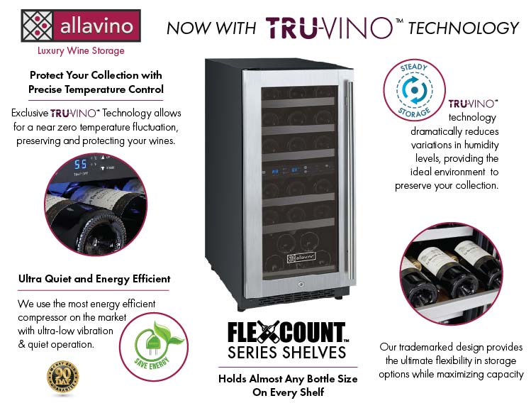 Allavino 15-Inch Wide FlexCount II Tru-Vino 30 Bottle Dual Zone Stainless Steel Left Hinge Wine Refrigerator