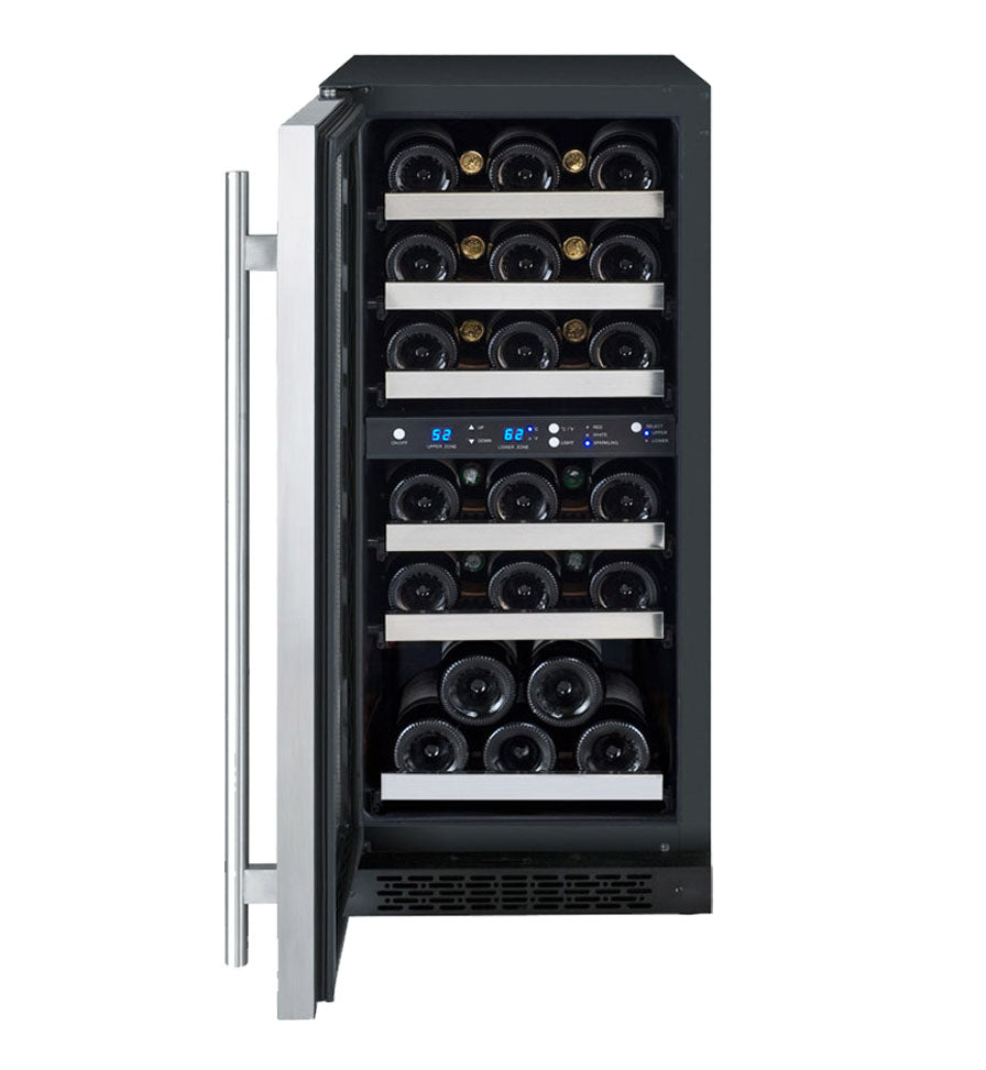 Allavino 15-Inch Wide FlexCount II Tru-Vino 30 Bottle Dual Zone Stainless Steel Left Hinge Wine Refrigerator