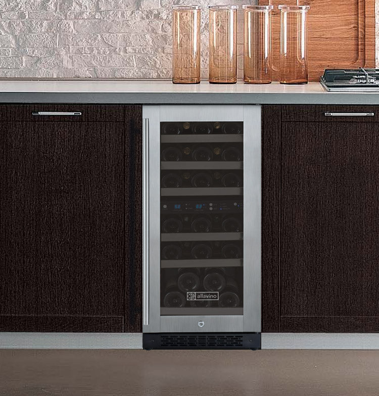 Allavino 15-Inch Wide FlexCount II Tru-Vino 30 Bottle Dual Zone Stainless Steel Left Hinge Wine Refrigerator