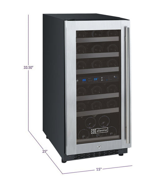 Allavino 15-Inch Wide FlexCount II Tru-Vino 30 Bottle Dual Zone Stainless Steel Left Hinge Wine Refrigerator