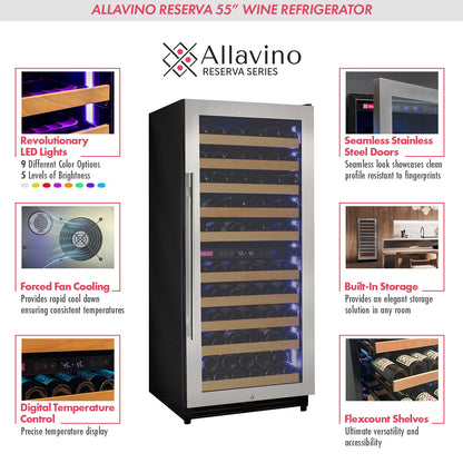 Allavino 238 Bottle 55-Inch Tall Four Zone Side-by-Side Stainless Steel Wine Refrigerator