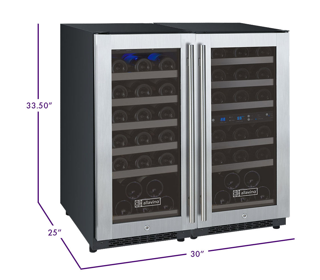 Allavino FlexCount 60 Bottle Three Zone Undercounter Side-by-Side Wine Refrigerators with Stainless Steel Doors