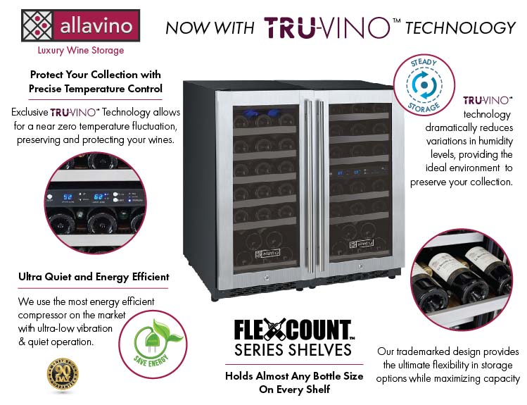 Allavino FlexCount 60 Bottle Three Zone Undercounter Side-by-Side Wine Refrigerators with Stainless Steel Doors