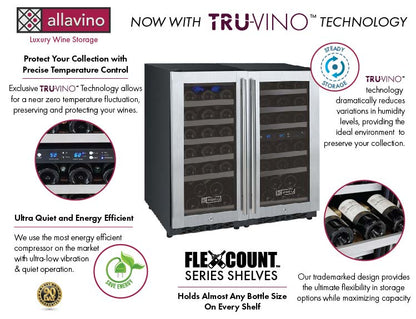 Allavino FlexCount 60 Bottle Three Zone Undercounter Side-by-Side Wine Refrigerators with Stainless Steel Doors