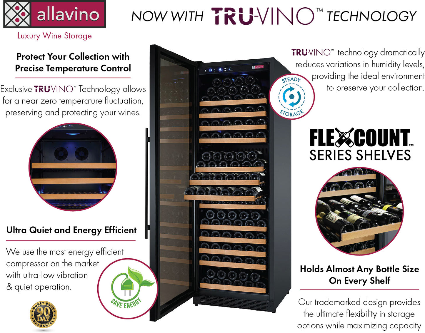 Allavino FlexCount Series 349 Bottle Three Zone Tall Side-by-Side Wine Refrigerators with Black Doors