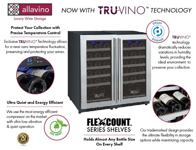 Allavino FlexCount Series 60 Bottle Dual Zone Undercounter Side-by-Side Wine Refrigerators with Stainless Steel Doors