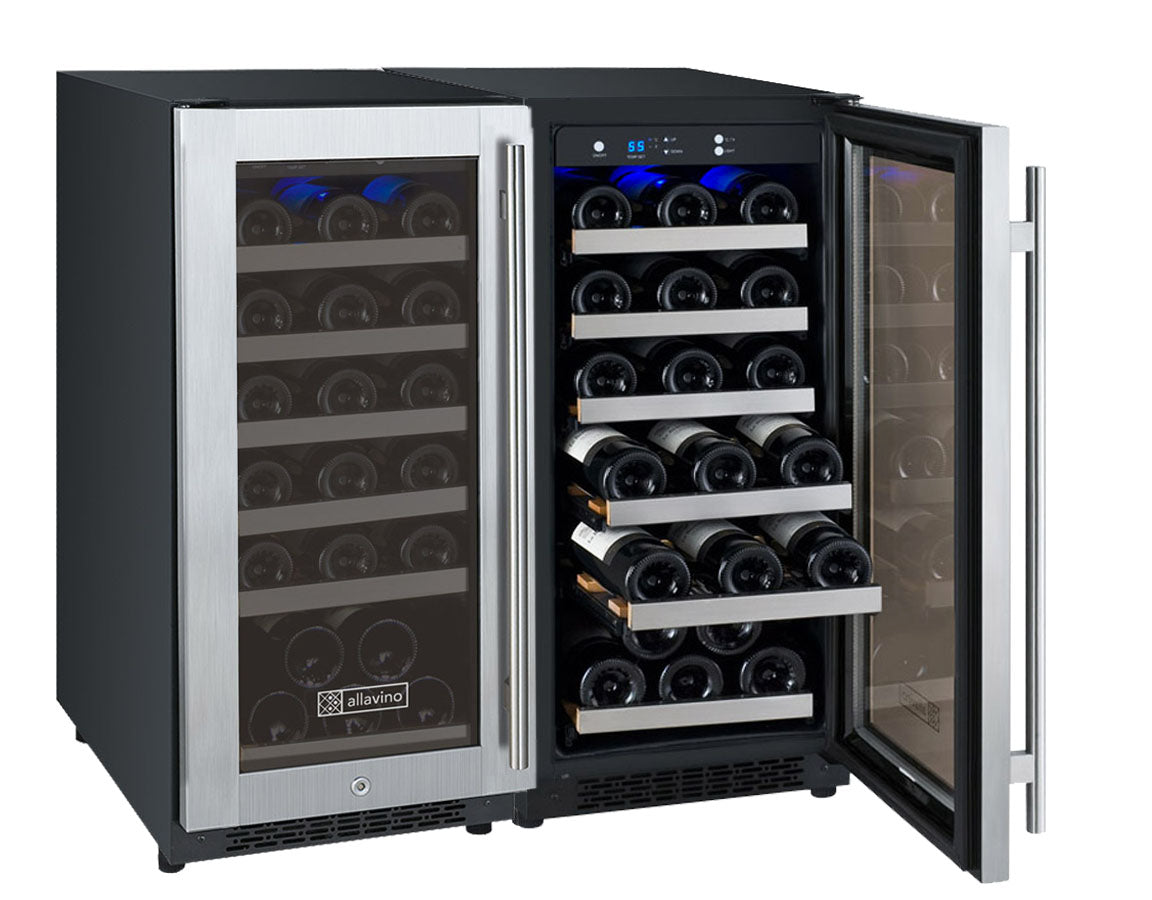 Allavino FlexCount Series 60 Bottle Dual Zone Undercounter Side-by-Side Wine Refrigerators with Stainless Steel Doors