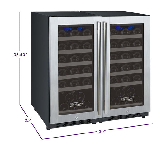 Allavino FlexCount Series 60 Bottle Dual Zone Undercounter Side-by-Side Wine Refrigerators with Stainless Steel Doors