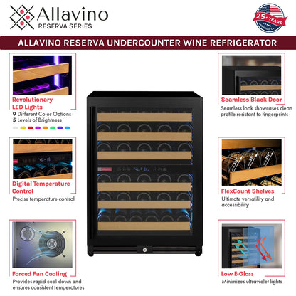 Allavino Reserva Series - 56 Bottle Dual Zone Built-in Luxury Wine Refrigerator with Black Door - Right Hinge