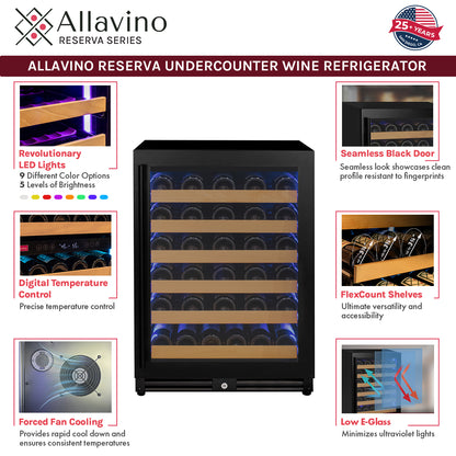 Allavino Reserva Series - 56 Bottle Single Zone Built-in Luxury Wine Refrigerator with Black Door - Right Hinge