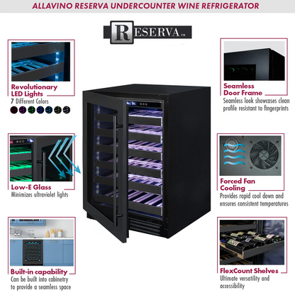 Allavino Reserva Series 100 Bottle 34-Inch Undercounter Dual Zone Side-by-Side Wine Coolers with Black Stainless Steel Doors