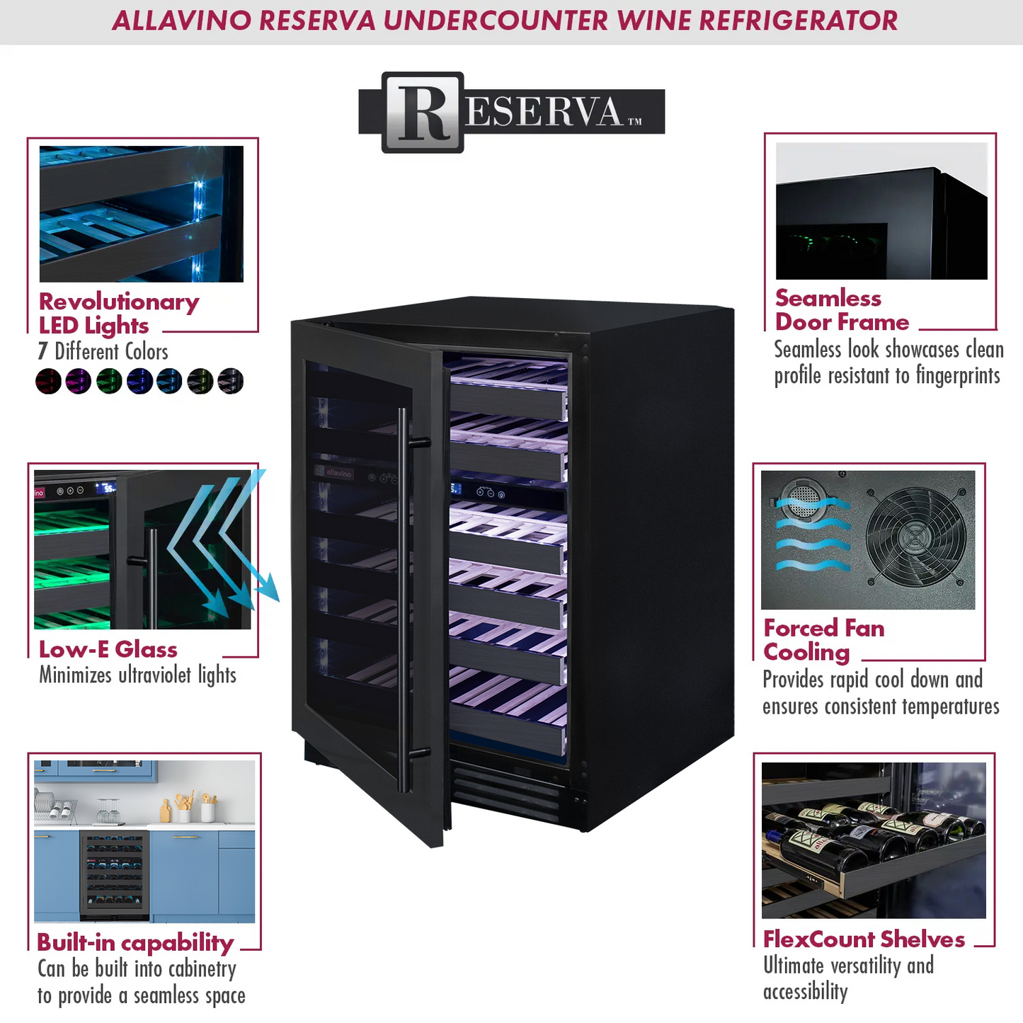Allavino Reserva Series 100 Bottle  Undercounter - Three Zone Black Side-by-Side Wine Refrigerators with Black Stainless Steel Doors