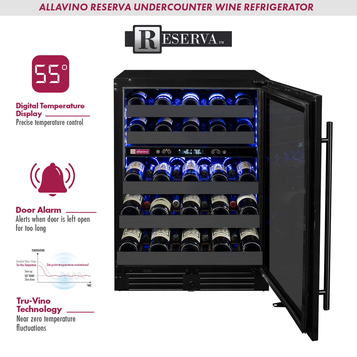 Allavino Reserva Series 100 Bottle  Undercounter - Three Zone Black Side-by-Side Wine Refrigerators with Black Stainless Steel Doors