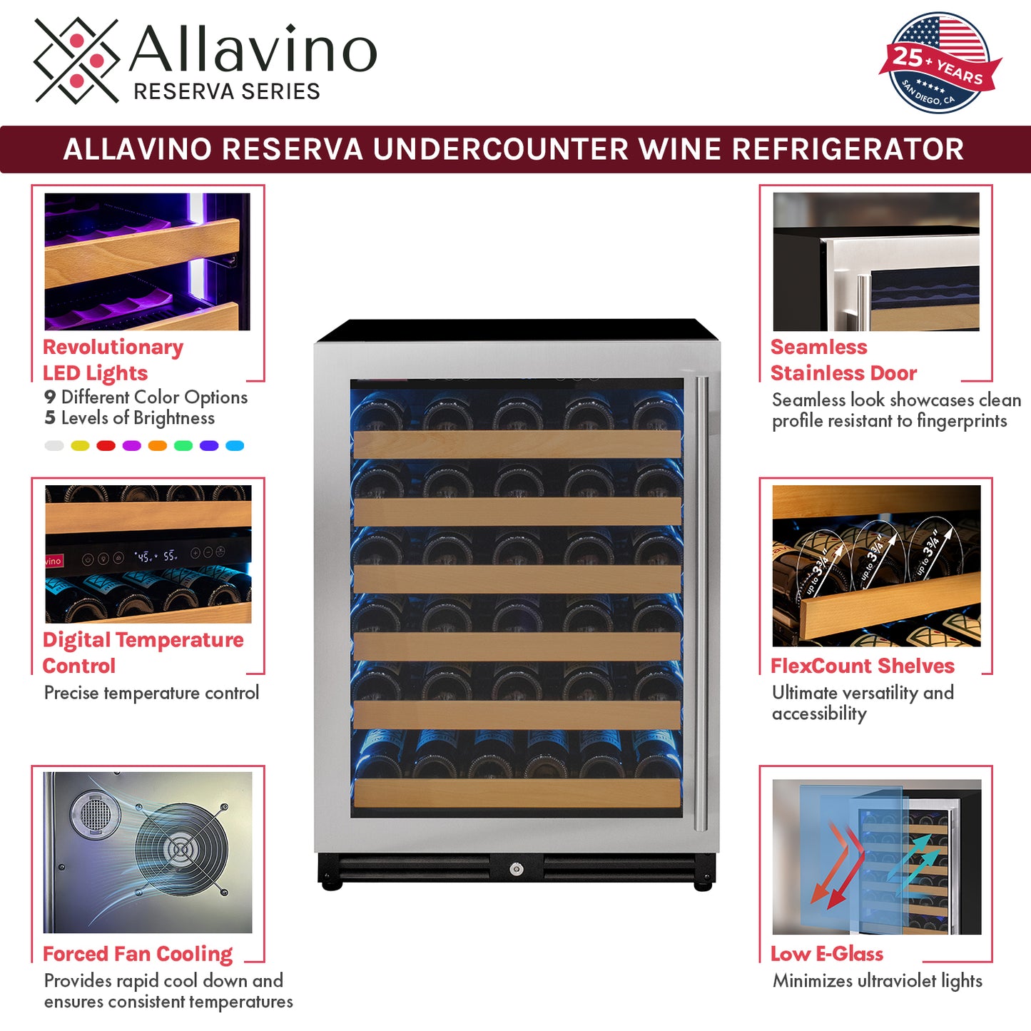 Allavino Reserva Series 112 Bottle Dual Zone Built-in Luxury Wine Refrigerator with Stainless Steel Doors - Side-by-Side