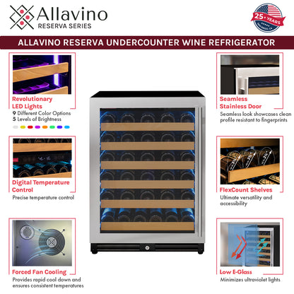 Allavino Reserva Series 112 Bottle Dual Zone Built-in Luxury Wine Refrigerator with Stainless Steel Doors - Side-by-Side