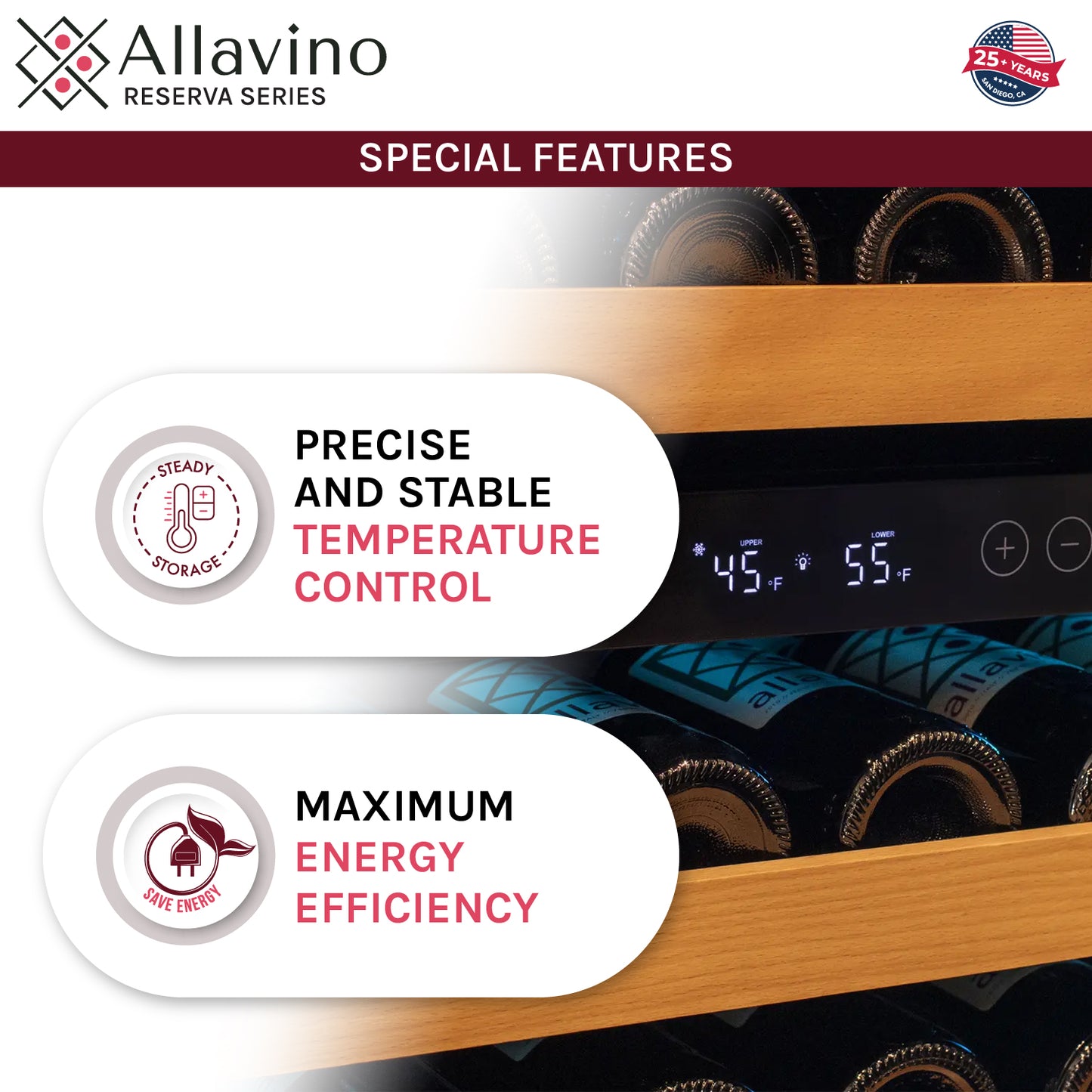 Allavino Reserva Series 112 Bottle Dual Zone Built-in Luxury Wine Refrigerator with Stainless Steel Doors - Side-by-Side
