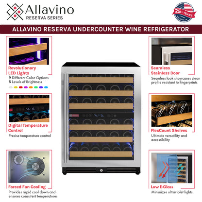 Allavino Reserva Series 112 Bottle Four Zone Undercounter Wine Refrigerator Cooler with Stainless Steel Doors - Side-by-Side