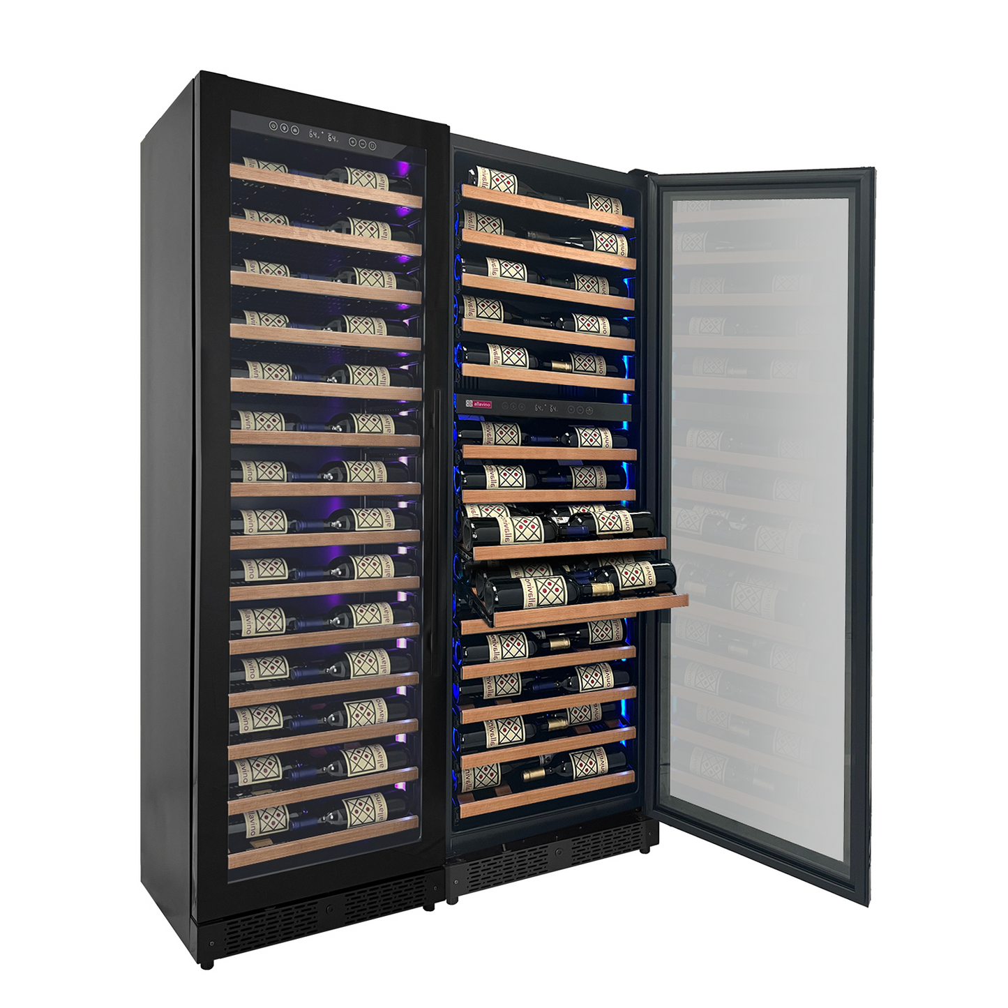 Allavino Reserva Series 134 Bottle 71-Inch Tall Three Zone Black Side-by-Side Shallow Wine Refrigerator with Wood Front Shelves