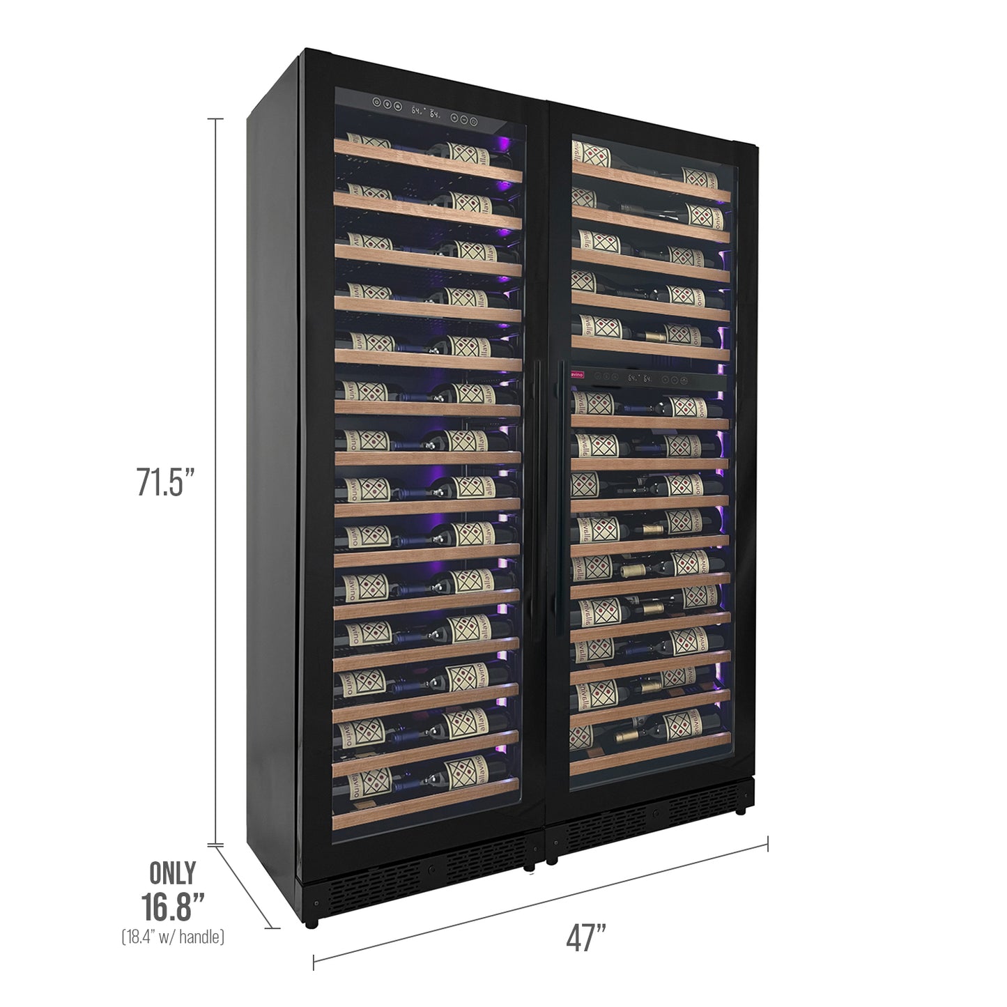 Allavino Reserva Series 134 Bottle 71-Inch Tall Three Zone Black Side-by-Side Shallow Wine Refrigerator with Wood Front Shelves
