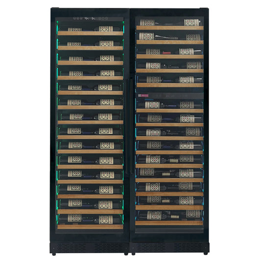 Allavino Reserva Series 134 Bottle 71-Inch Tall Three Zone Black Side-by-Side Shallow Wine Refrigerator with Wood Front Shelves