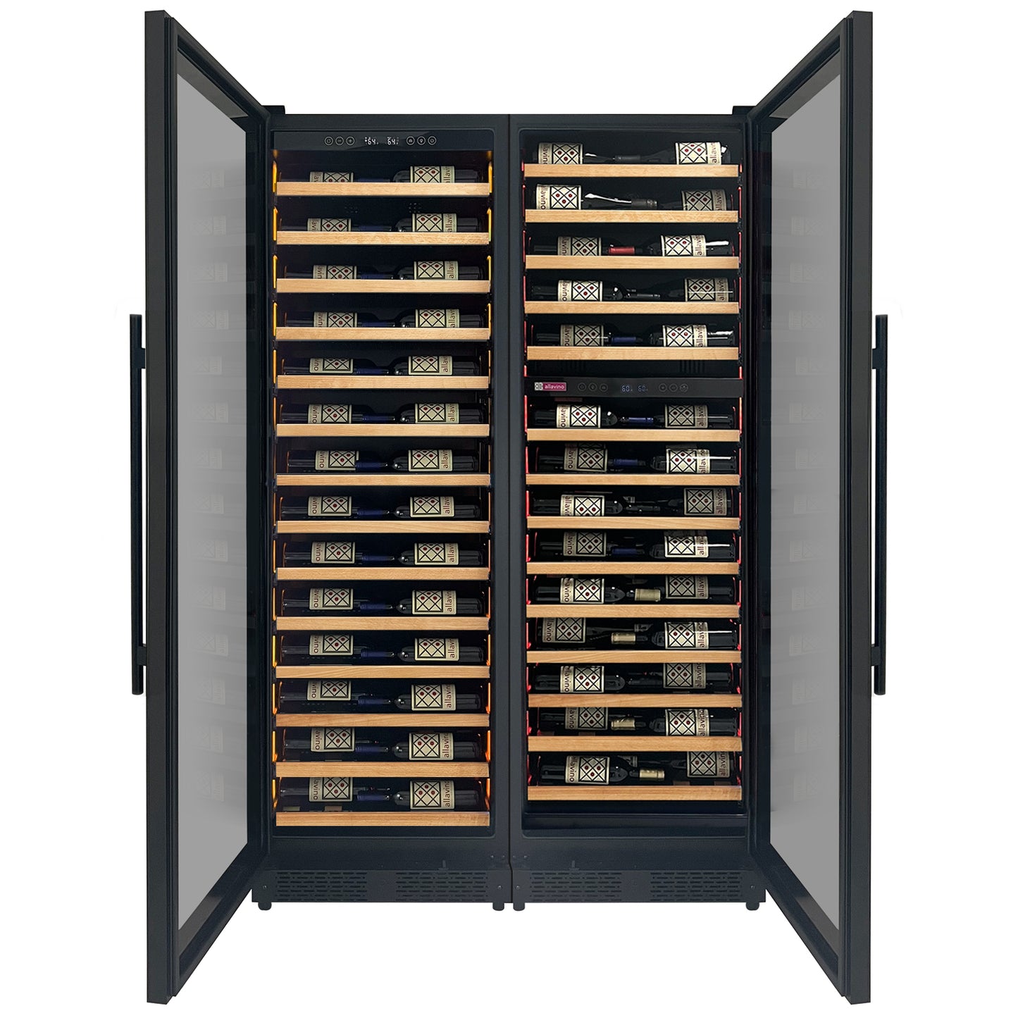 Allavino Reserva Series 134 Bottle 71-Inch Tall Three Zone Black Side-by-Side Shallow Wine Refrigerator with Wood Front Shelves