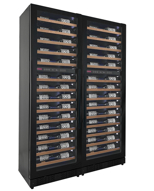 Allavino Reserva Series 134 Bottle 71-Inch Shallow Four Zone Side-by-Side Wine Refrigerators with Black Doors and Wood Front Shelves