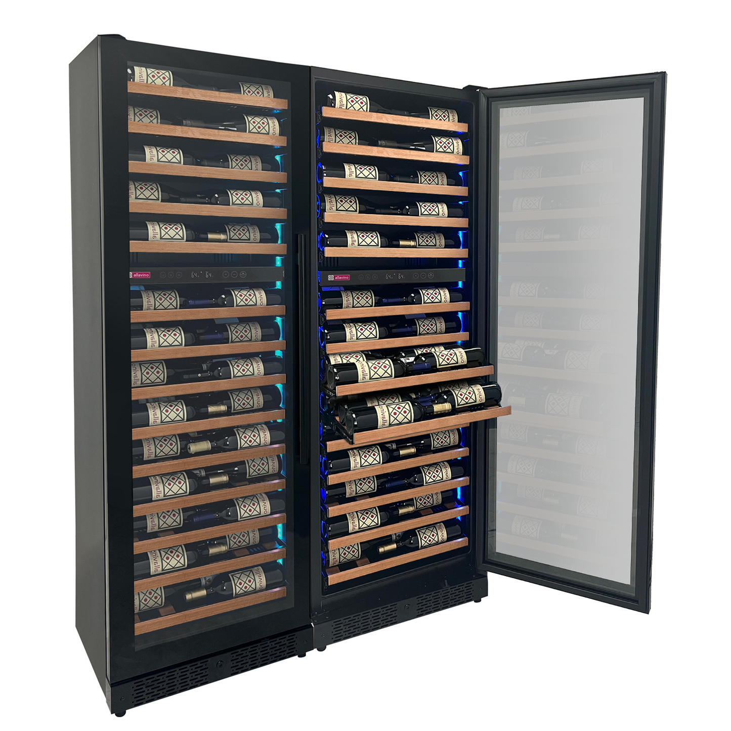 Allavino Reserva Series 134 Bottle 71-Inch Shallow Four Zone Side-by-Side Wine Refrigerators with Black Doors and Wood Front Shelves