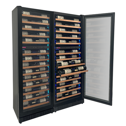 Allavino Reserva Series 134 Bottle 71-Inch Shallow Four Zone Side-by-Side Wine Refrigerators with Black Doors and Wood Front Shelves
