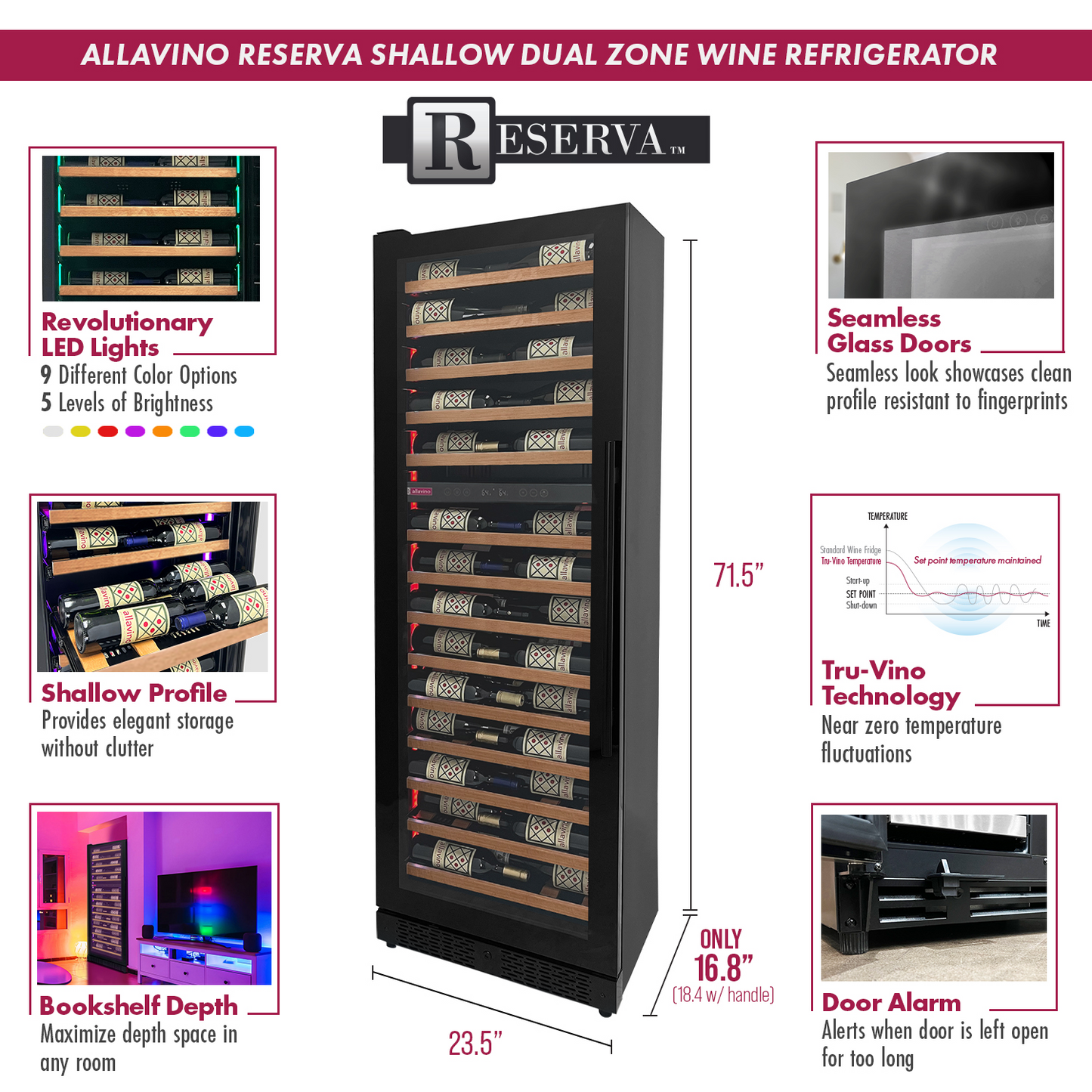 Allavino Reserva Series 134 Bottle 71-Inch Shallow Four Zone Side-by-Side Wine Refrigerators with Black Doors and Wood Front Shelves