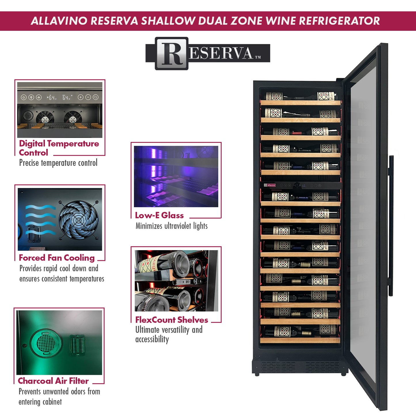 Allavino Reserva Series 134 Bottle 71-Inch Shallow Four Zone Side-by-Side Wine Refrigerators with Black Doors and Wood Front Shelves
