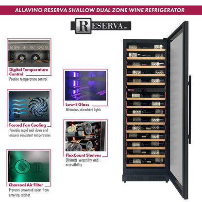 Allavino Reserva Series 134 Bottle 71-Inch Shallow Four Zone Side-by-Side Wine Refrigerators with Black Doors and Wood Front Shelves