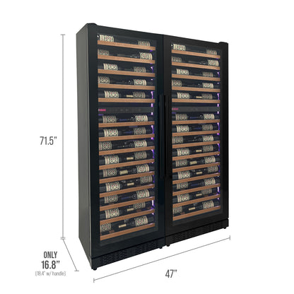 Allavino Reserva Series 134 Bottle 71-Inch Shallow Four Zone Side-by-Side Wine Refrigerators with Black Doors and Wood Front Shelves