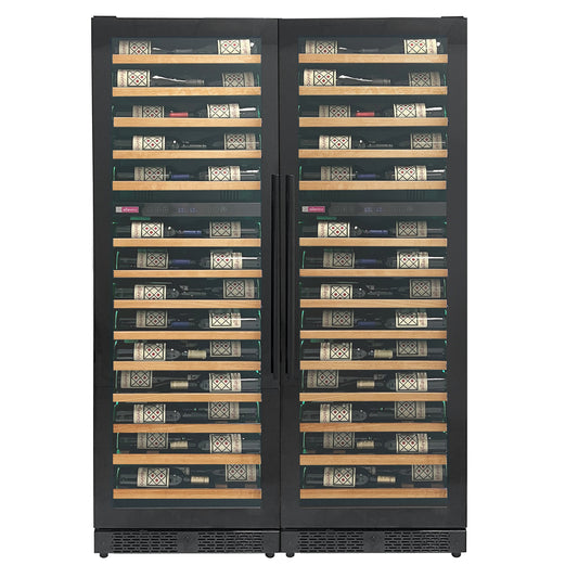 Allavino Reserva Series 134 Bottle 71-Inch Shallow Four Zone Side-by-Side Wine Refrigerators with Black Doors and Wood Front Shelves