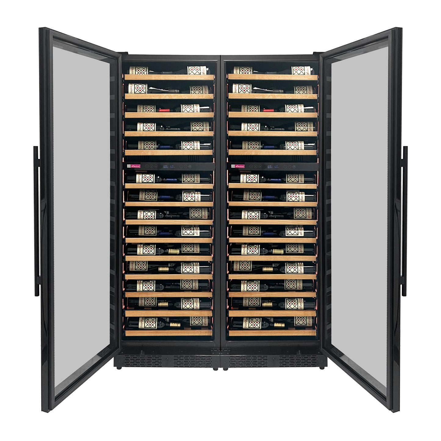 Allavino Reserva Series 134 Bottle 71-Inch Shallow Four Zone Side-by-Side Wine Refrigerators with Black Doors and Wood Front Shelves