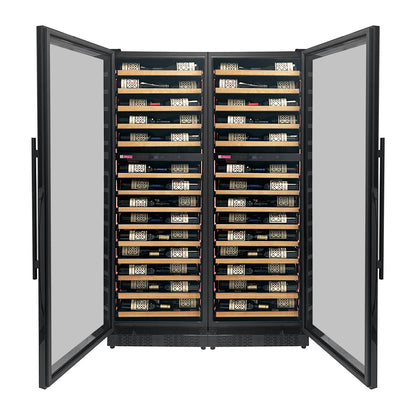 Allavino Reserva Series 134 Bottle 71-Inch Shallow Four Zone Side-by-Side Wine Refrigerators with Black Doors and Wood Front Shelves