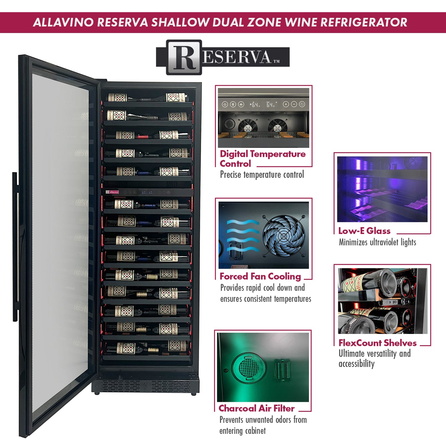 Allavino Reserva Series 134 Bottle Four Zone Shallow Side-by-Side Wine Refrigerators with Black Doors