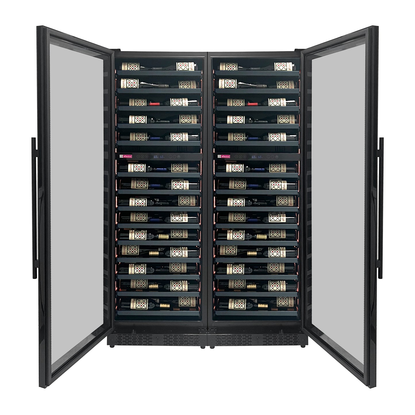 Allavino Reserva Series 134 Bottle Four Zone Shallow Side-by-Side Wine Refrigerators with Black Doors