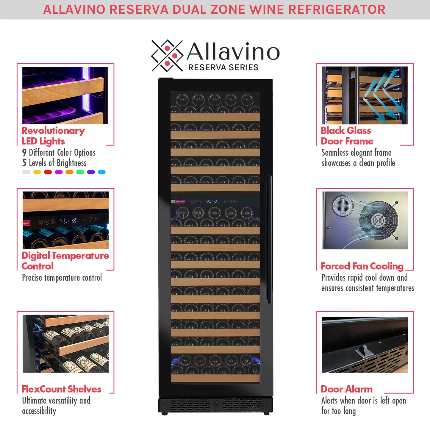 Allavino Reserva Series 172 Bottle Dual Zone Built-in Wine Refrigerator with Black Glass Door - Left Hinge