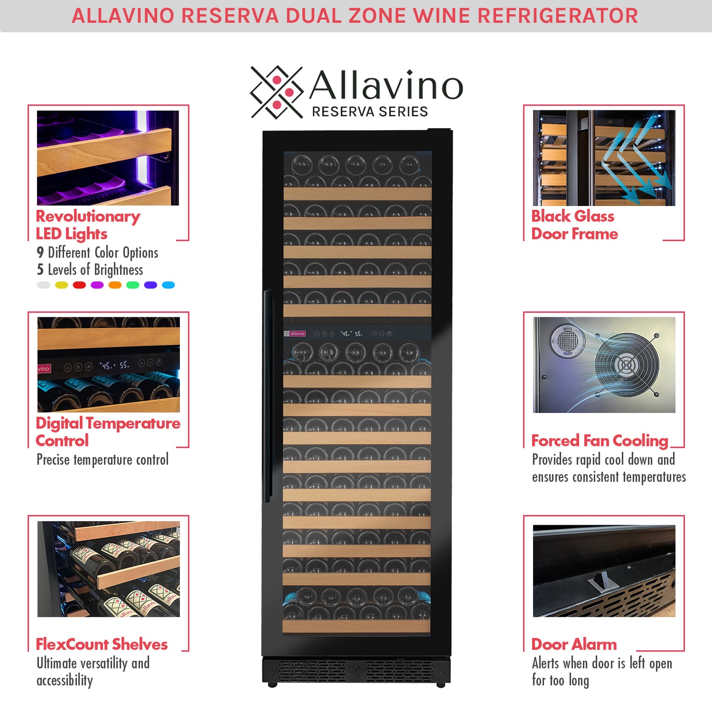 Allavino Reserva Series 172 Bottle Dual Zone Built-in Wine Refrigerator with Black Glass Door - Right Hinge