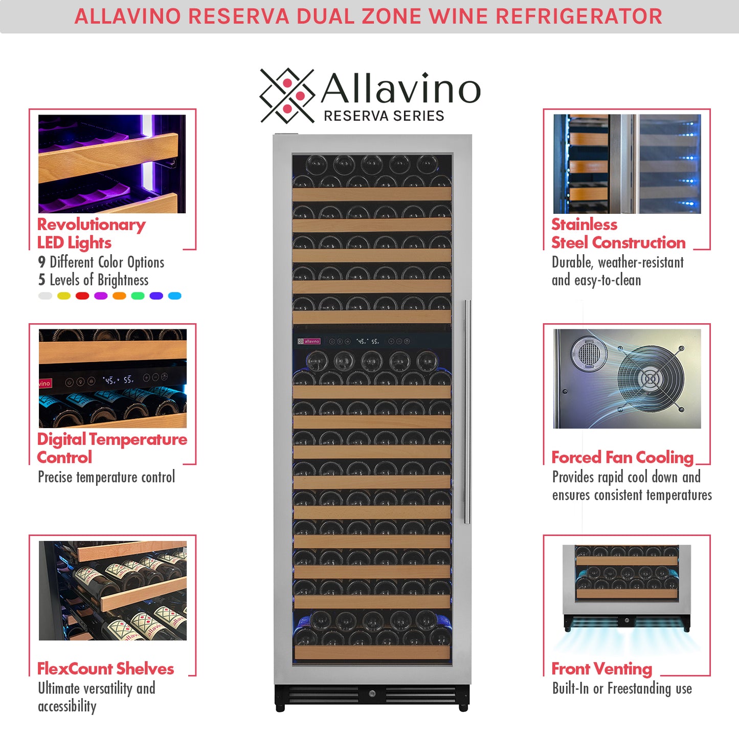 Allavino Reserva Series 172 Bottle Dual Zone Built-in Wine Refrigerator with Stainless Steel Door - Left Hinge