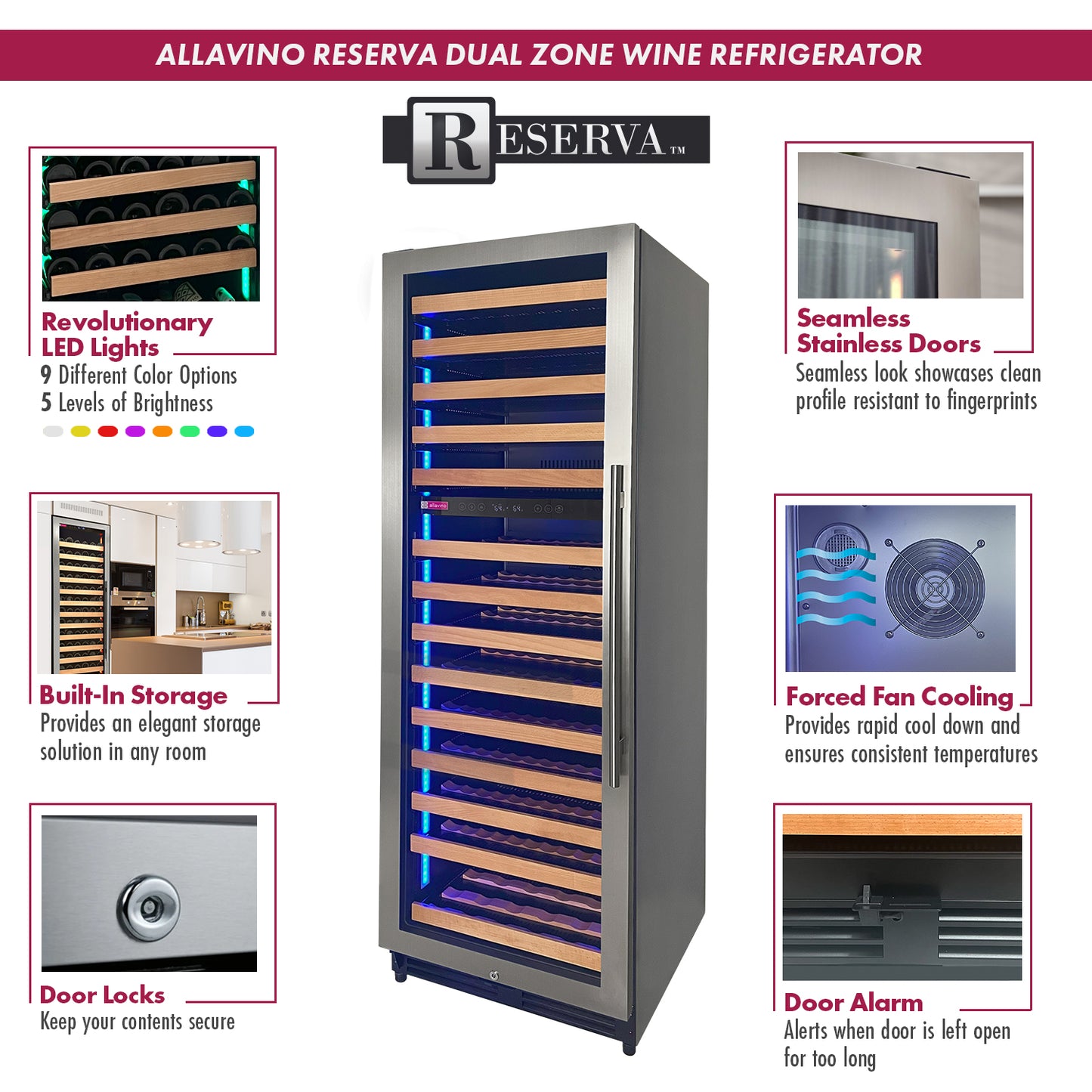 Allavino Reserva Series 308 Bottle 71-Inch Tall Four Zone Stainless Steel Side-by-Side Wine Refrigerator